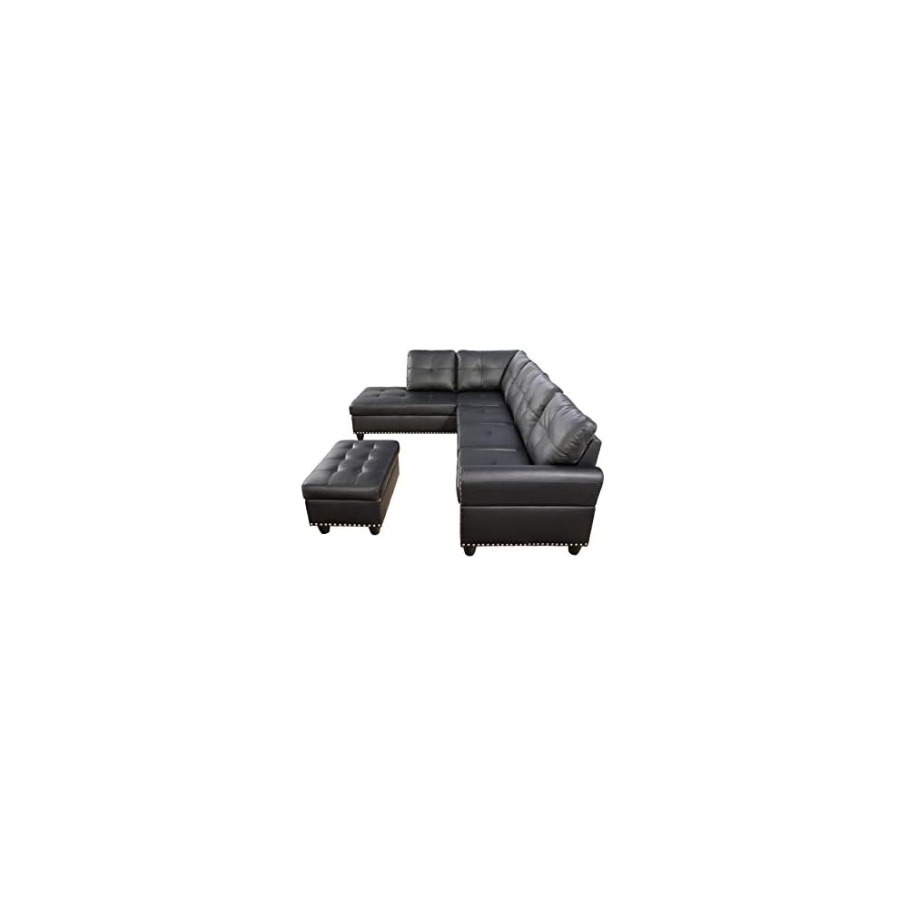 Faux Leather Sectional Sofa with Ottoman and 2 toss Pillows,3-Piece Couch Chaise W/Rounded Arms & Manufactured Wood,for Apartment,Black