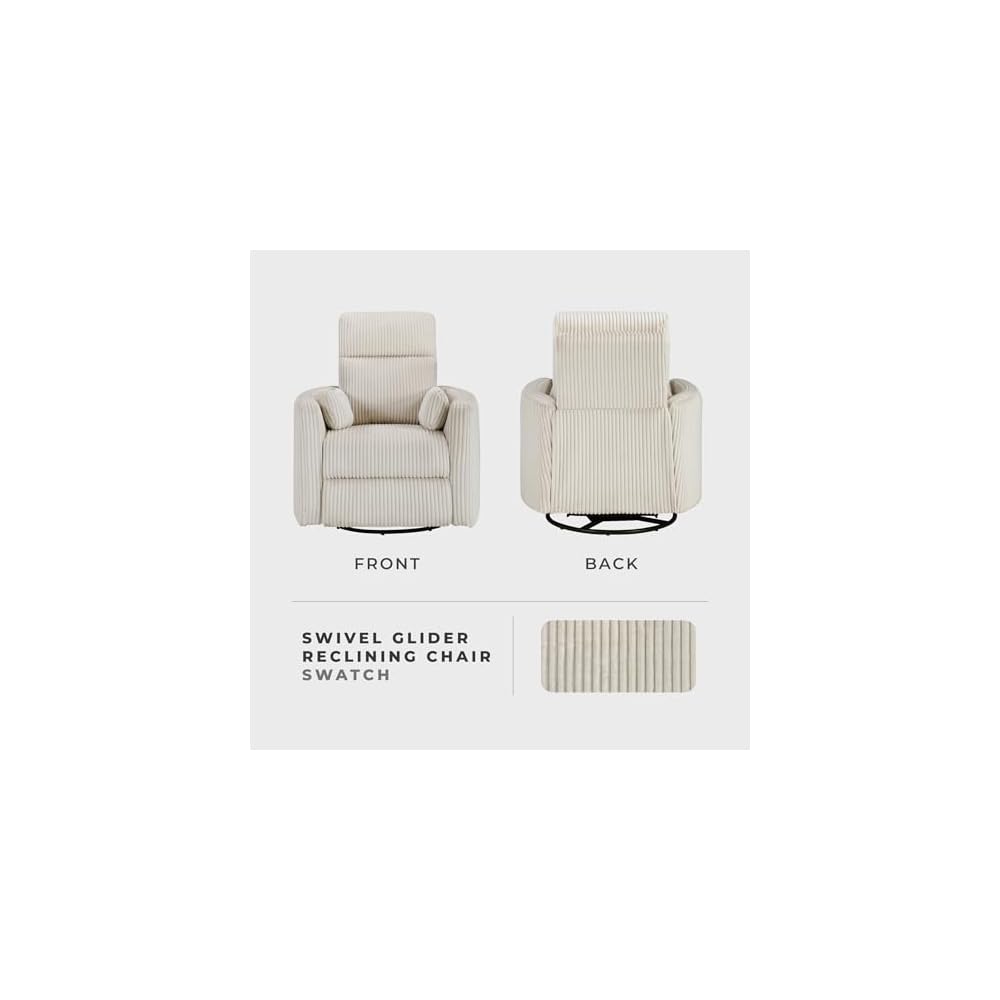 Lexicon Modern Swivel Glider Recliner Chair, Curved Arms, Beige Corduroy
