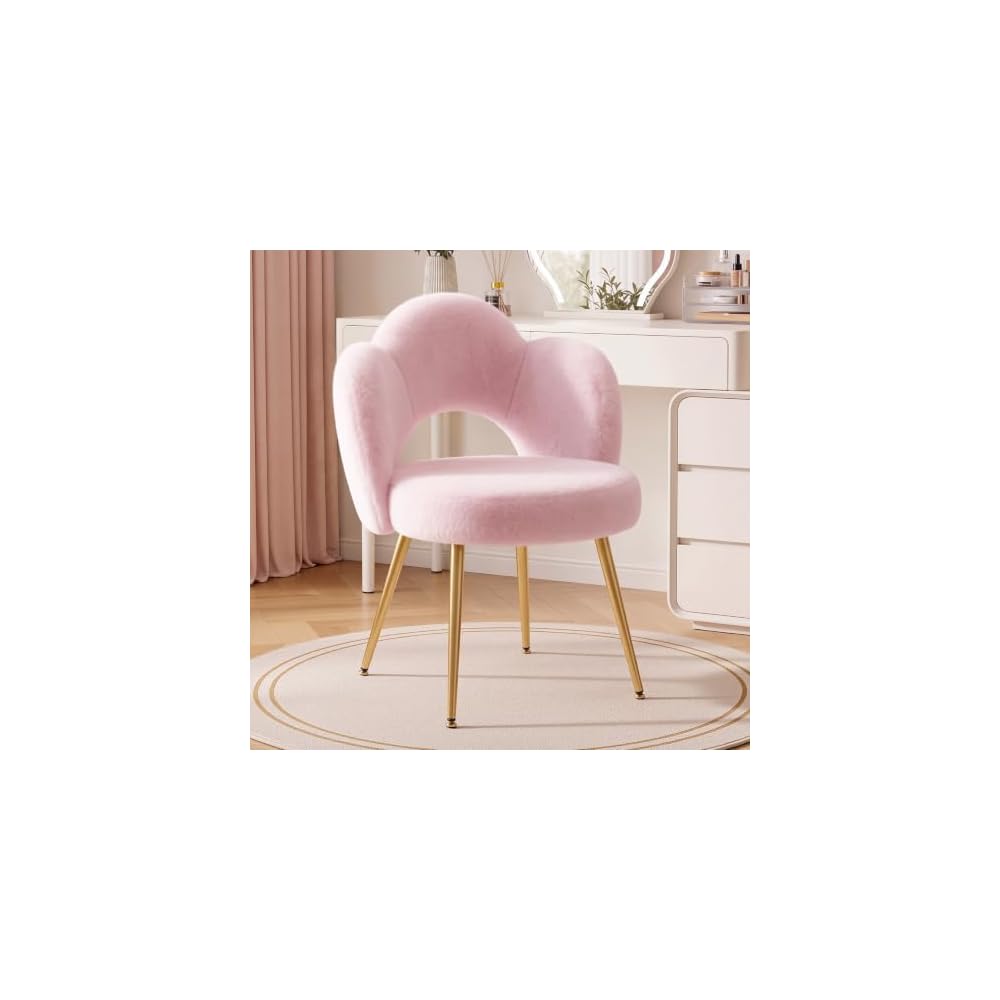 Vanity Chair with Gold Legs, Fluffy Makeup Chair for Bedroom, White