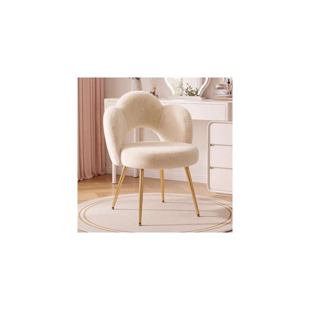 Vanity Chair with Gold Legs, Fluffy Makeup Chair for Bedroom, White