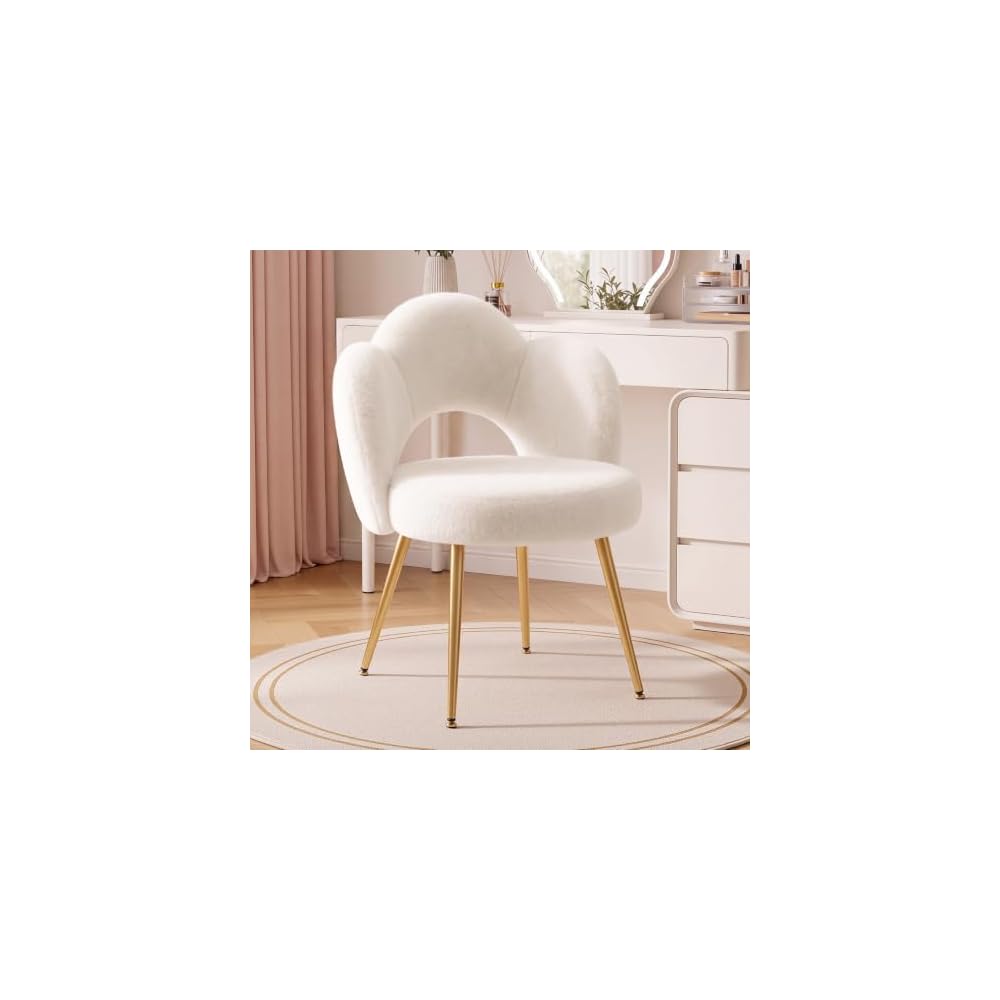 Vanity Chair with Gold Legs, Fluffy Makeup Chair for Bedroom, White