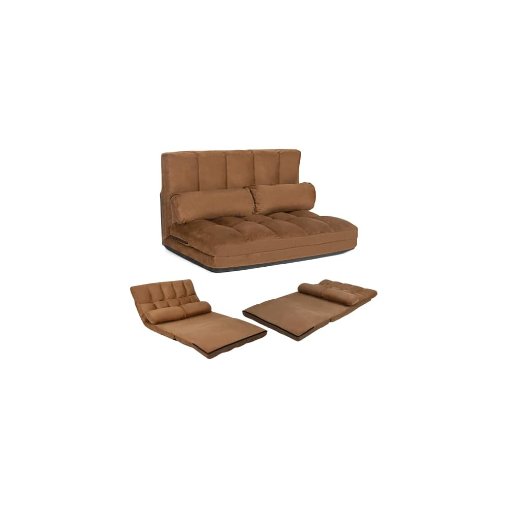 KOMFOTT Adjustable Floor Sofa Bed, Foldable Lazy Sofa Sleeper Bed with 6 Position Backrest & 2 Pillows, Convertible Futon Couch Bed with Suede Cloth Cover, Lounge Recliner for Living Room (Coffee)