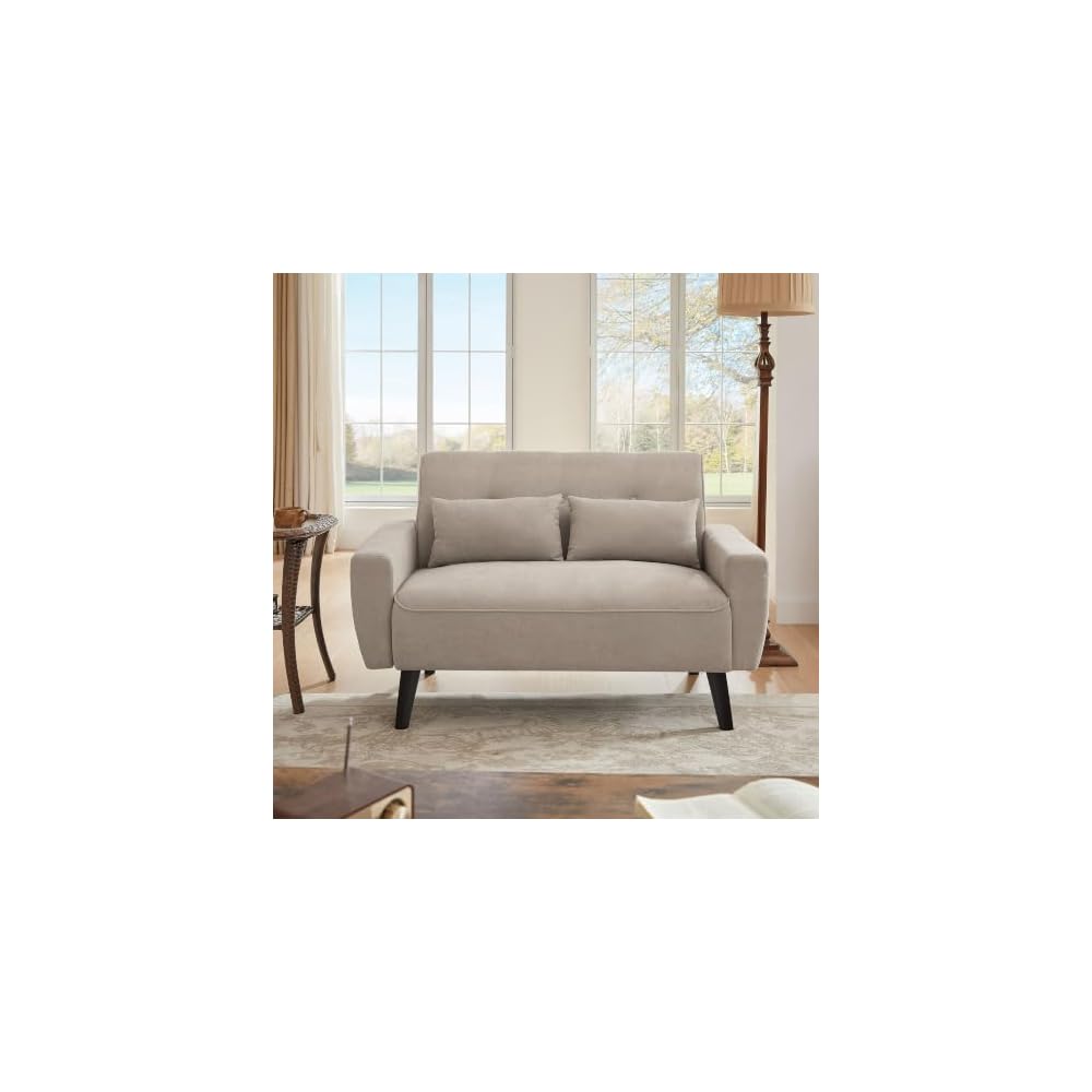 Small Loveseat Sofa, 48" Mid Century Love Seat Couch, Modern 2 Seat Tufted Couches with Throw Pillows for Living Room, Apartment, Bedroom, Beige