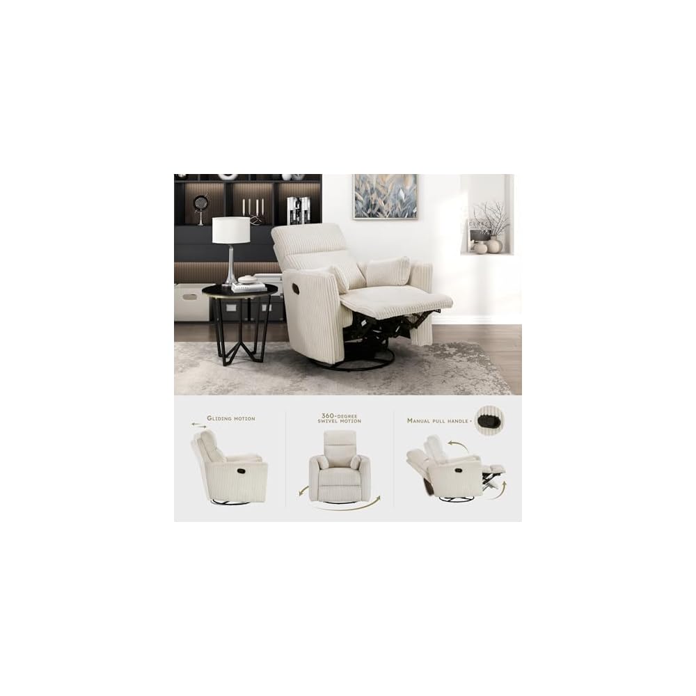 Lexicon Modern Swivel Glider Recliner Chair, Curved Arms, Beige Corduroy