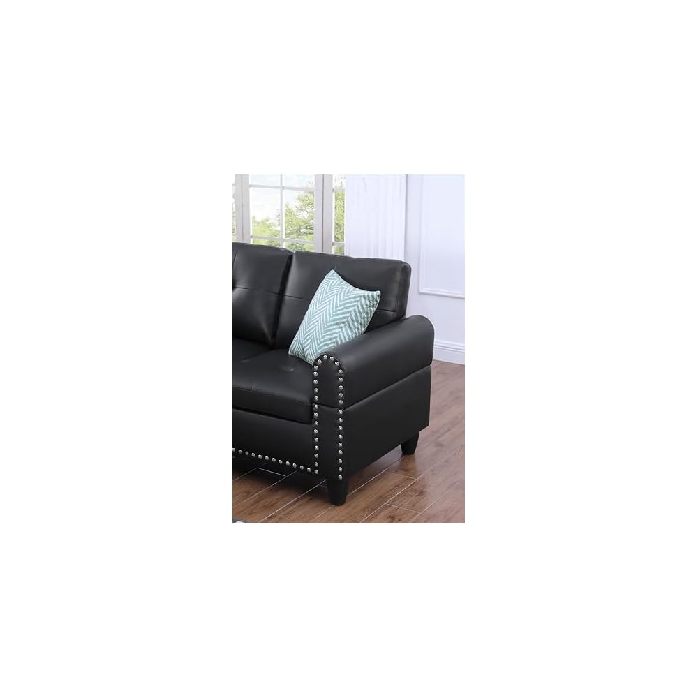 Faux Leather Sectional Sofa with Ottoman and 2 toss Pillows,3-Piece Couch Chaise W/Rounded Arms & Manufactured Wood,for Apartment,Black