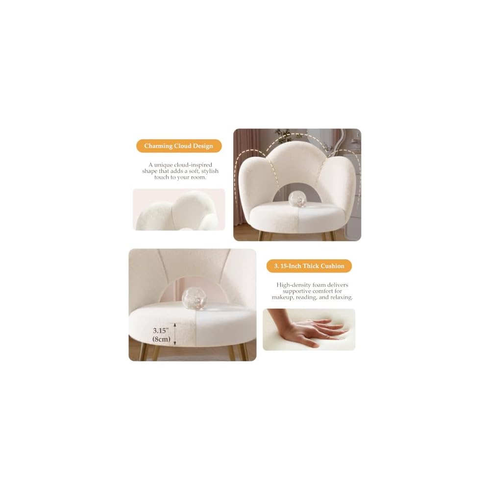 Vanity Chair with Gold Legs, Fluffy Makeup Chair for Bedroom, White