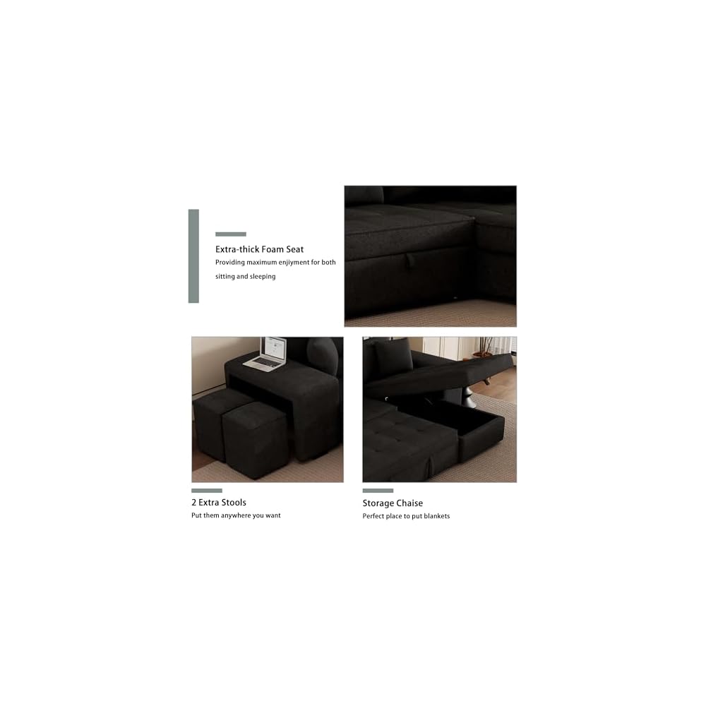 104.5 inch Reversible Sleeper Sectional Sofa with Pull Out Bed , Convertible L Shaped Sectional Couch with Storage Chaise and 2 Stools , Tufted Upholstered Pullout Sofa Bed for Living Room Apartment