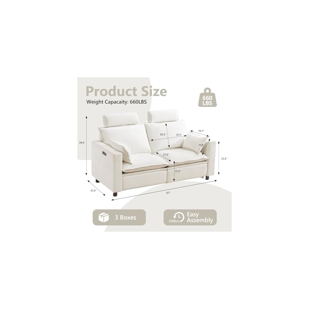 GUEAPY Power Reclining Sofa Loveseat Cloud Couch-Oversized Cream Reclining Sectional Couches, Modern Power Recliner Sofa for Living Room, Comfortable Recliner Couches with Soft Upholstery Pillows