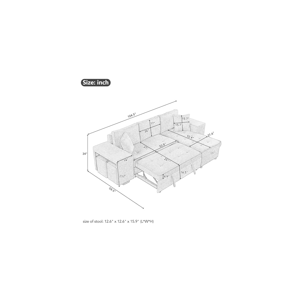 104.5 inch Reversible Sleeper Sectional Sofa with Pull Out Bed , Convertible L Shaped Sectional Couch with Storage Chaise and 2 Stools , Tufted Upholstered Pullout Sofa Bed for Living Room Apartment