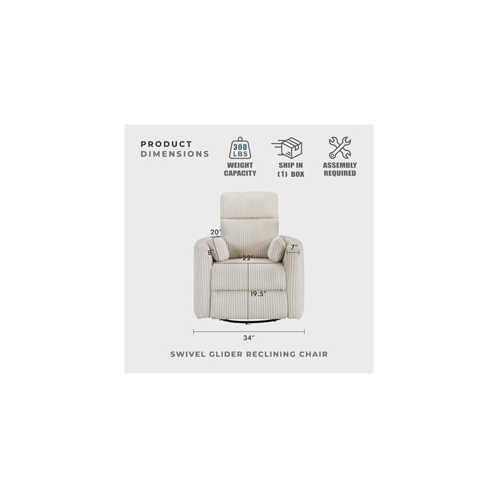 Lexicon Modern Swivel Glider Recliner Chair, Curved Arms, Beige Corduroy