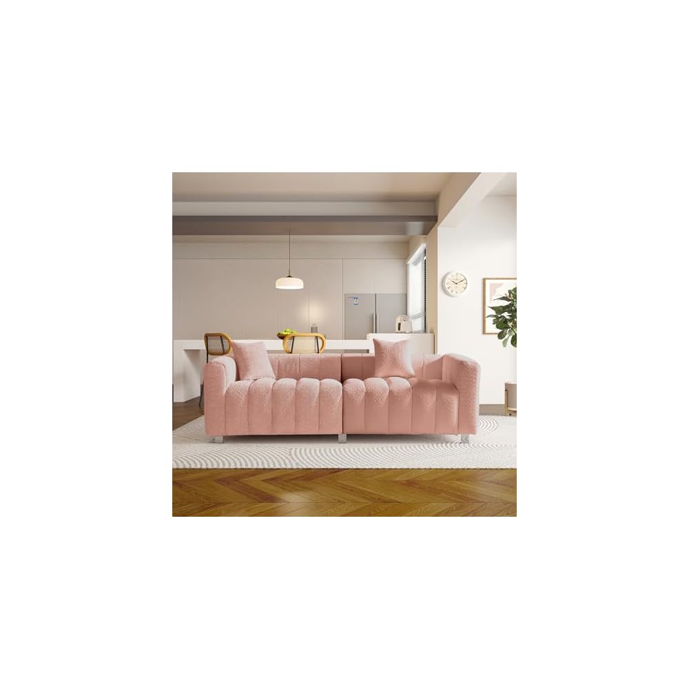 87.4'' Modern 3-Seater Sofa Bubble Couch for Living Room, Upholstered Teddy Velvet Deep Seat Sofa Couch, Fluffy Loveseat Sofa with 6 Metal Base Legs for Bedroom/Home/Office