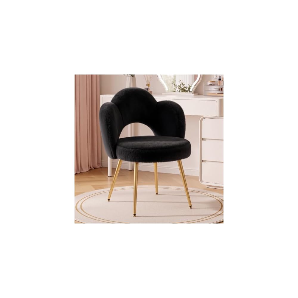 Vanity Chair with Gold Legs, Fluffy Makeup Chair for Bedroom, White