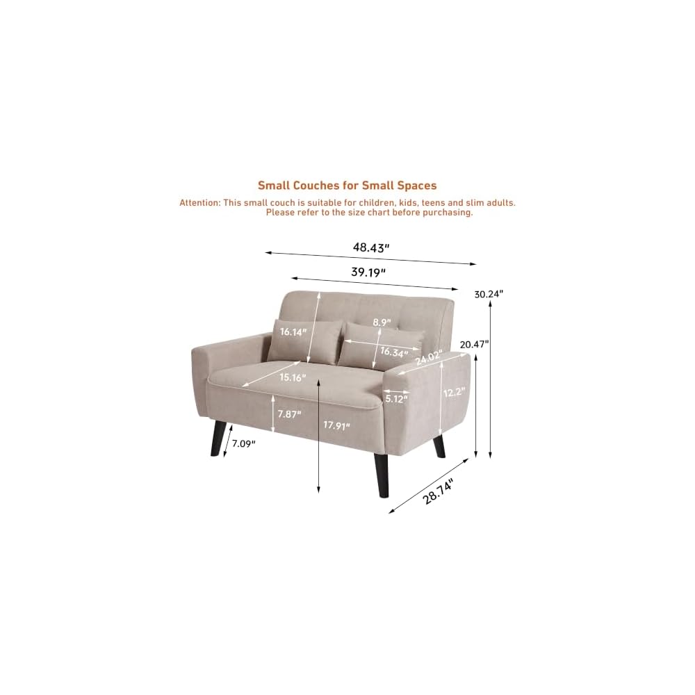 Small Loveseat Sofa, 48" Mid Century Love Seat Couch, Modern 2 Seat Tufted Couches with Throw Pillows for Living Room, Apartment, Bedroom, Beige