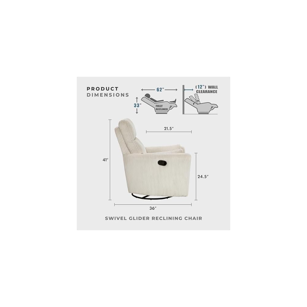 Lexicon Modern Swivel Glider Recliner Chair, Curved Arms, Beige Corduroy