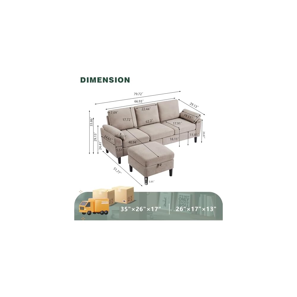 80" Convertible Sectional Sofa, Small L Shaped 3 Seat Couch with Reversible Storage Chaise, Modern Polyester Fabric Sofa Couches for Living Room, Apartment and Small Space, Beige