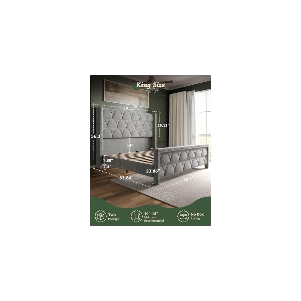 OHOHOLIVE King Size Bed Frame with 56" Headboard - Velvet Upholstered Wingback Platform Bed Frame, Noise Free, Sturdy Wooden Slat Support (Deep Gray, King)