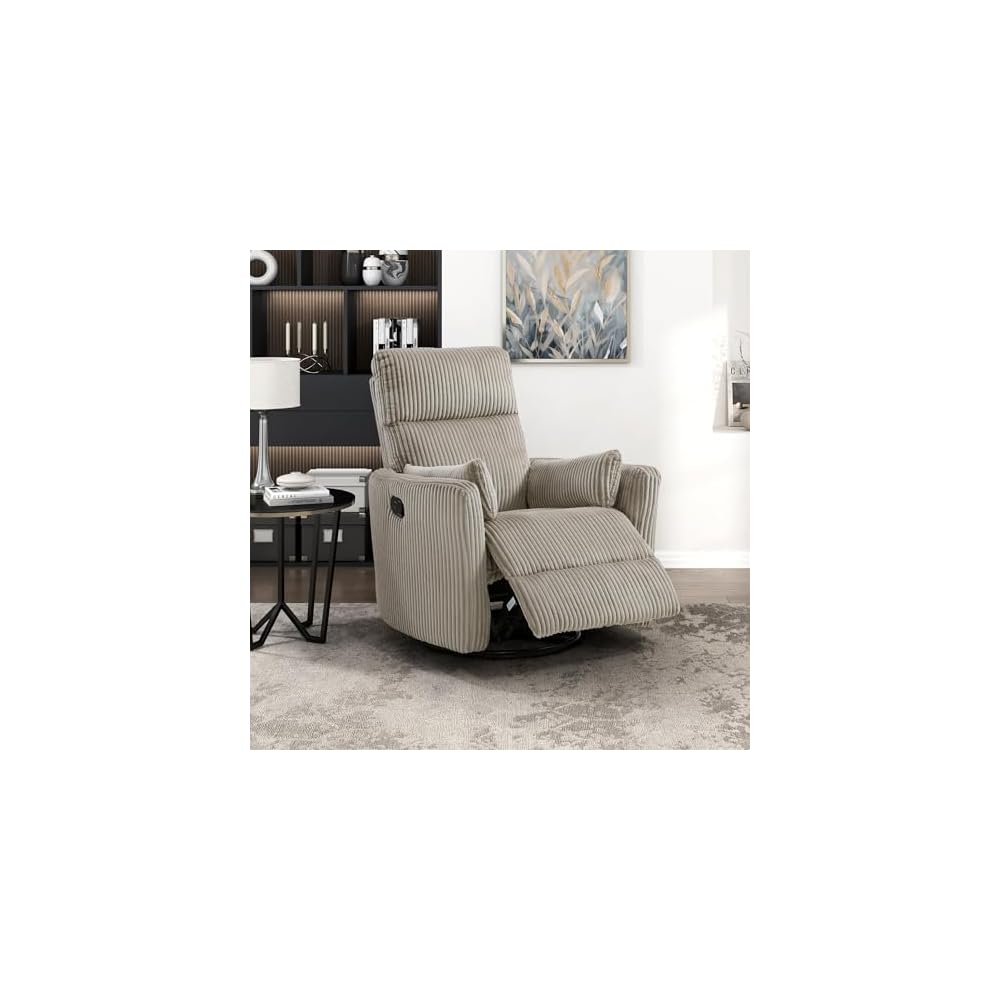 Lexicon Modern Swivel Glider Recliner Chair, Curved Arms, Beige Corduroy