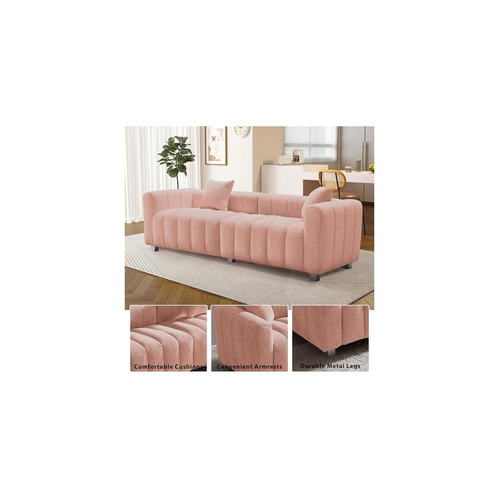 87.4'' Modern 3-Seater Sofa Bubble Couch for Living Room, Upholstered Teddy Velvet Deep Seat Sofa Couch, Fluffy Loveseat Sofa with 6 Metal Base Legs for Bedroom/Home/Office
