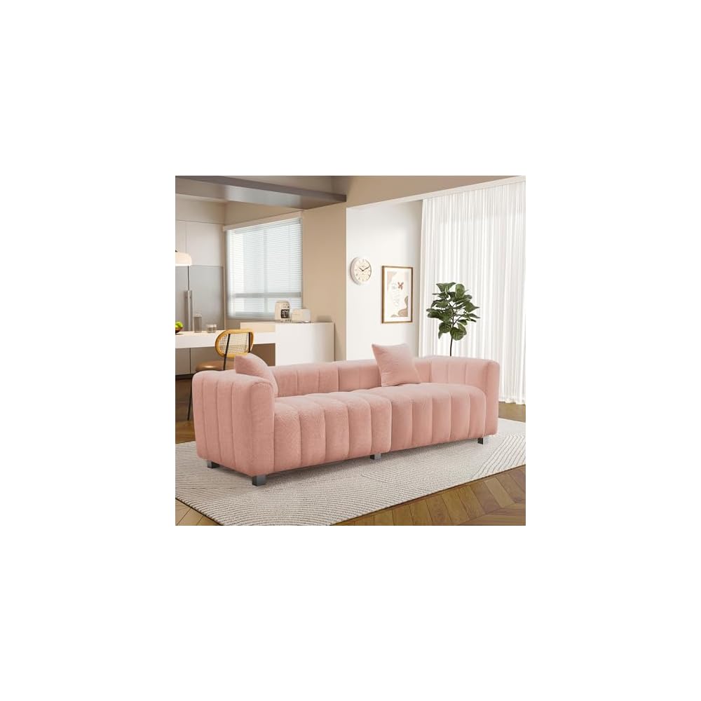 87.4'' Modern 3-Seater Sofa Bubble Couch for Living Room, Upholstered Teddy Velvet Deep Seat Sofa Couch, Fluffy Loveseat Sofa with 6 Metal Base Legs for Bedroom/Home/Office