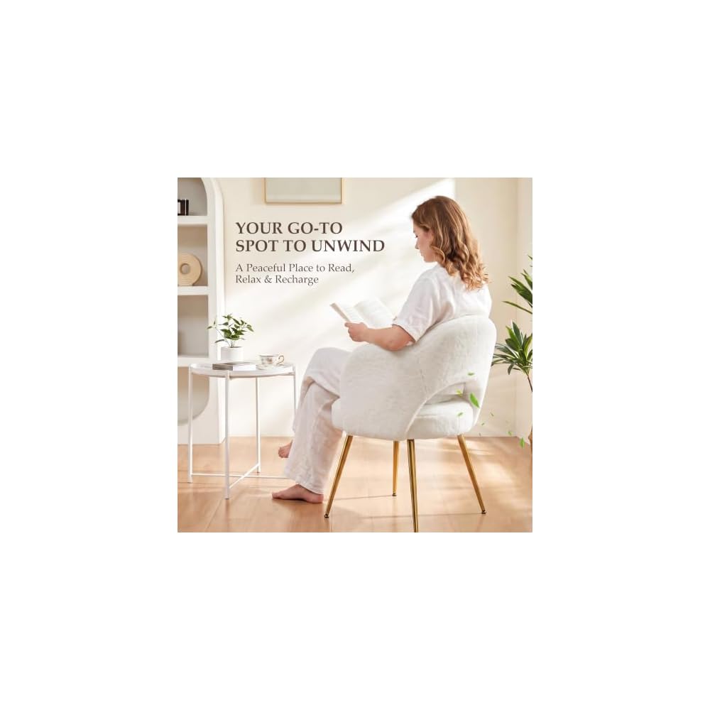 Vanity Chair with Gold Legs, Fluffy Makeup Chair for Bedroom, White