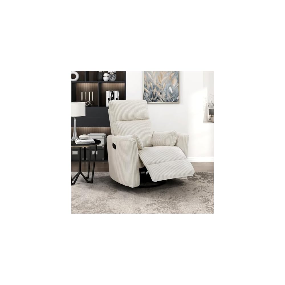 Lexicon Modern Swivel Glider Recliner Chair, Curved Arms, Beige Corduroy