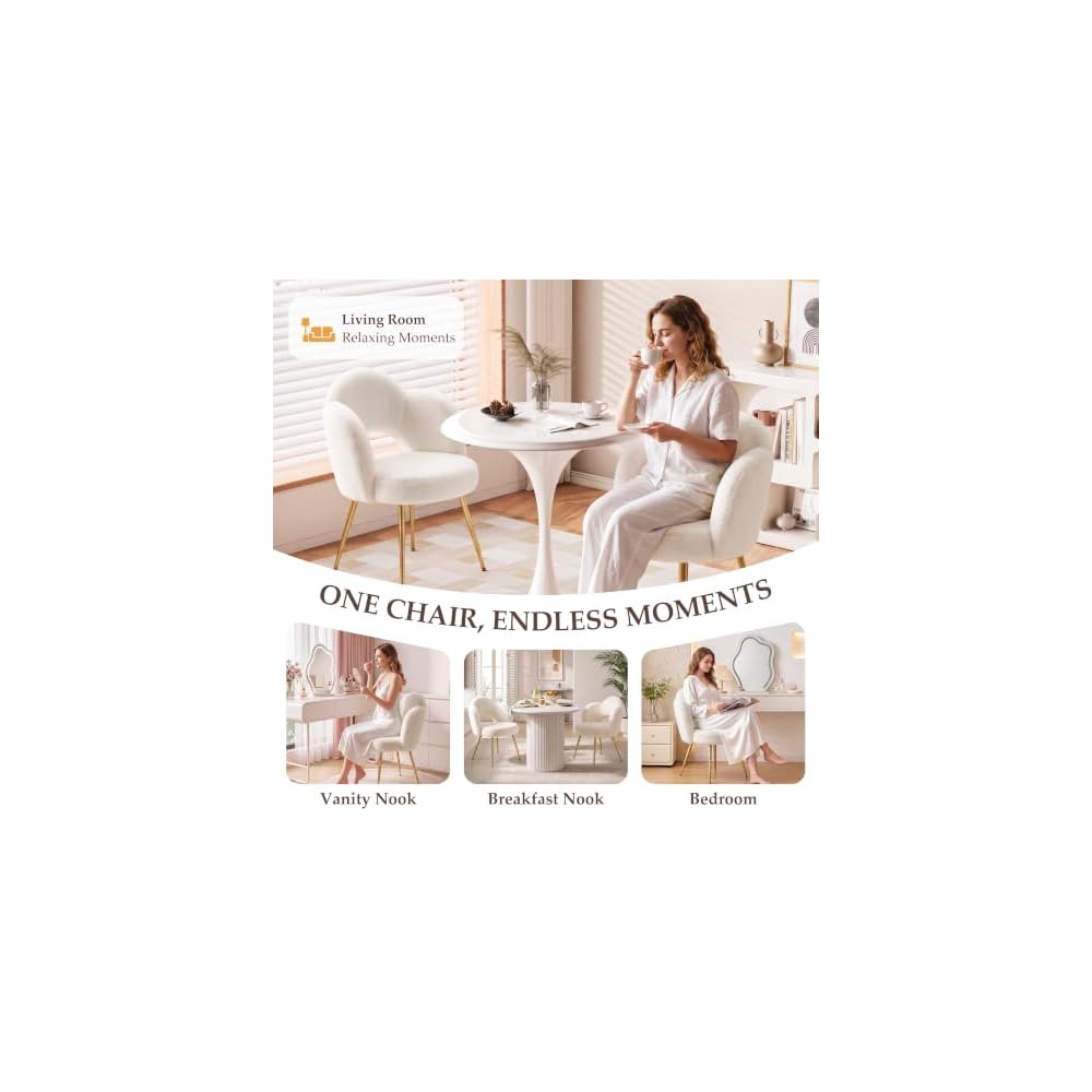 Vanity Chair with Gold Legs, Fluffy Makeup Chair for Bedroom, White