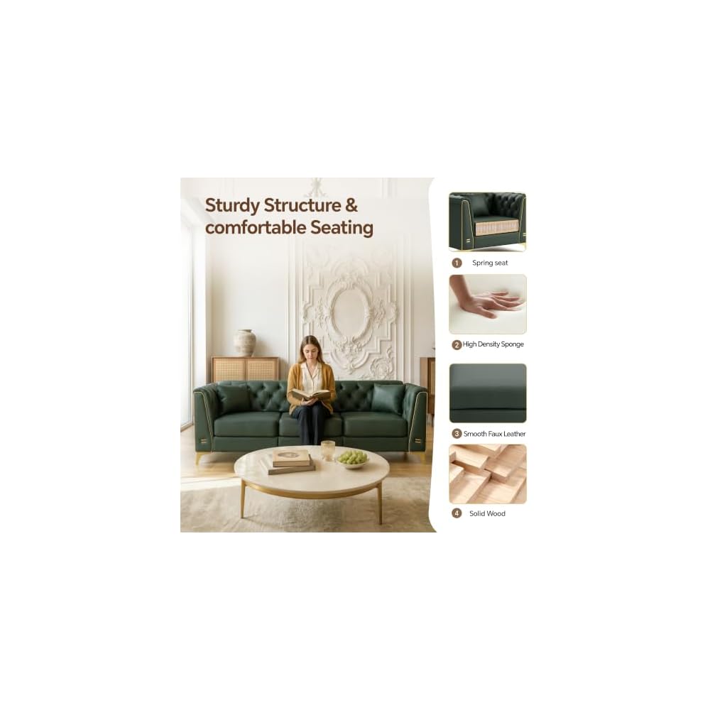 4-Piece Chesterfield Sectional Faux Leather Frame Sofa Set (Green)