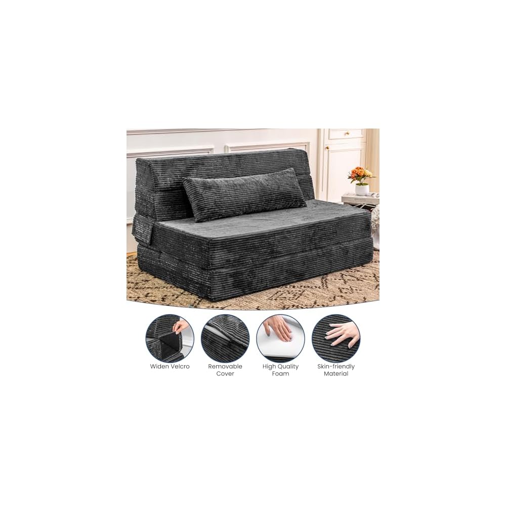 Cvortll Folding Sofa Bed, Convertible Sleeper Chair with Pillow, High Density Memory Foam Fold Out Couch, Foldable Mattress Futon Sofa for Living Room/Dorm/Guest Use/Apartment/Home Office