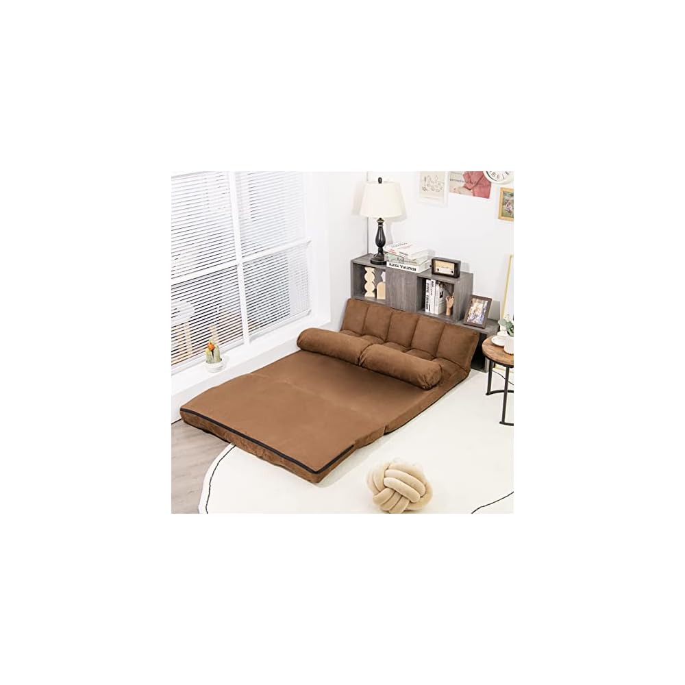 KOMFOTT Adjustable Floor Sofa Bed, Foldable Lazy Sofa Sleeper Bed with 6 Position Backrest & 2 Pillows, Convertible Futon Couch Bed with Suede Cloth Cover, Lounge Recliner for Living Room (Coffee)