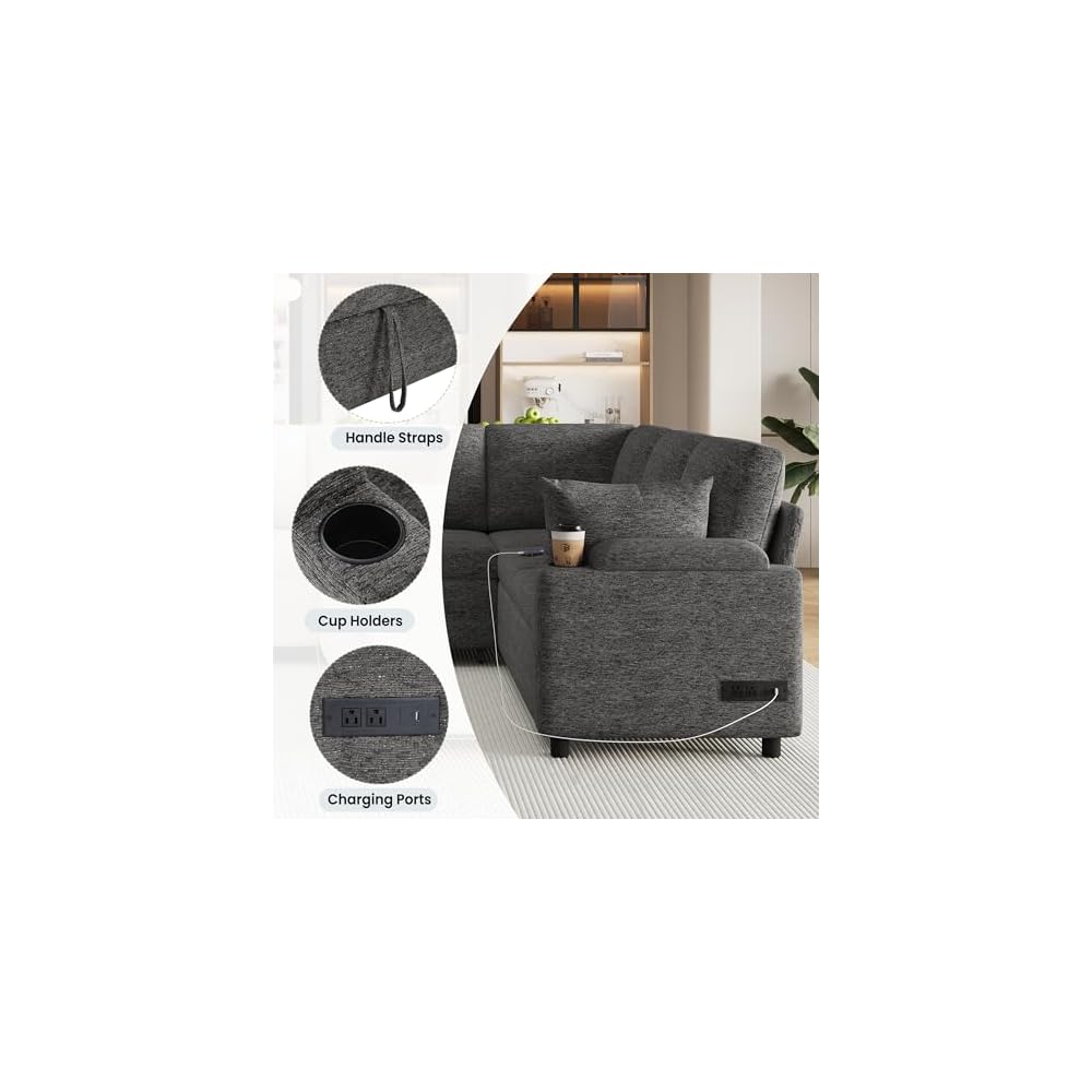 Flieks 109.9" Sectional Sofa Sleeper U-Shaped Sofa with Ample Storage Space, Two Cup Holders and Charging Ports for Living Room, Beige,Grey