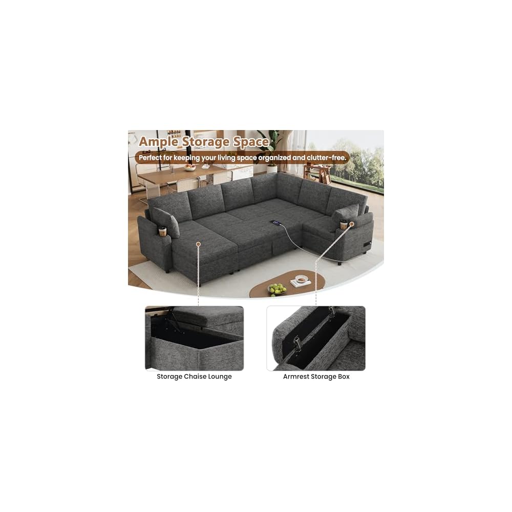 Flieks 109.9" Sectional Sofa Sleeper U-Shaped Sofa with Ample Storage Space, Two Cup Holders and Charging Ports for Living Room, Beige,Grey
