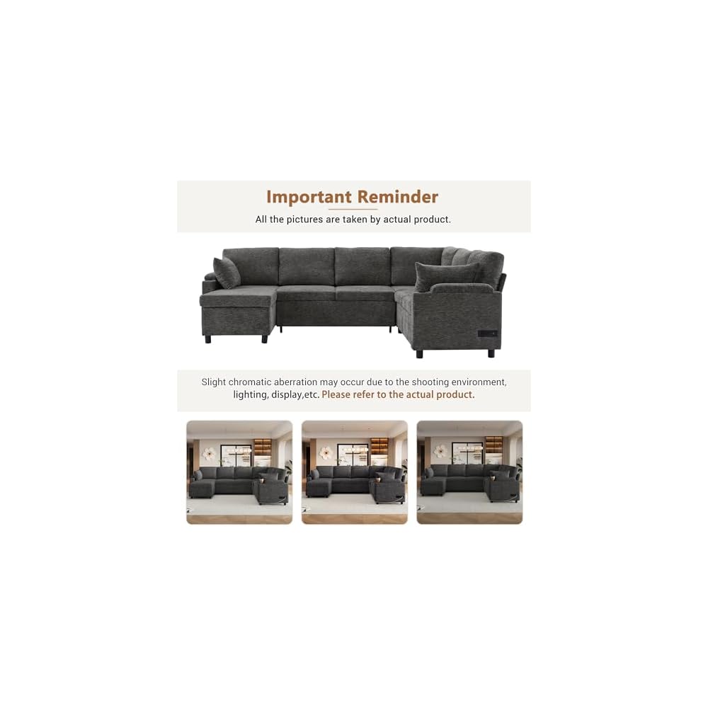 Flieks 109.9" Sectional Sofa Sleeper U-Shaped Sofa with Ample Storage Space, Two Cup Holders and Charging Ports for Living Room, Beige,Grey