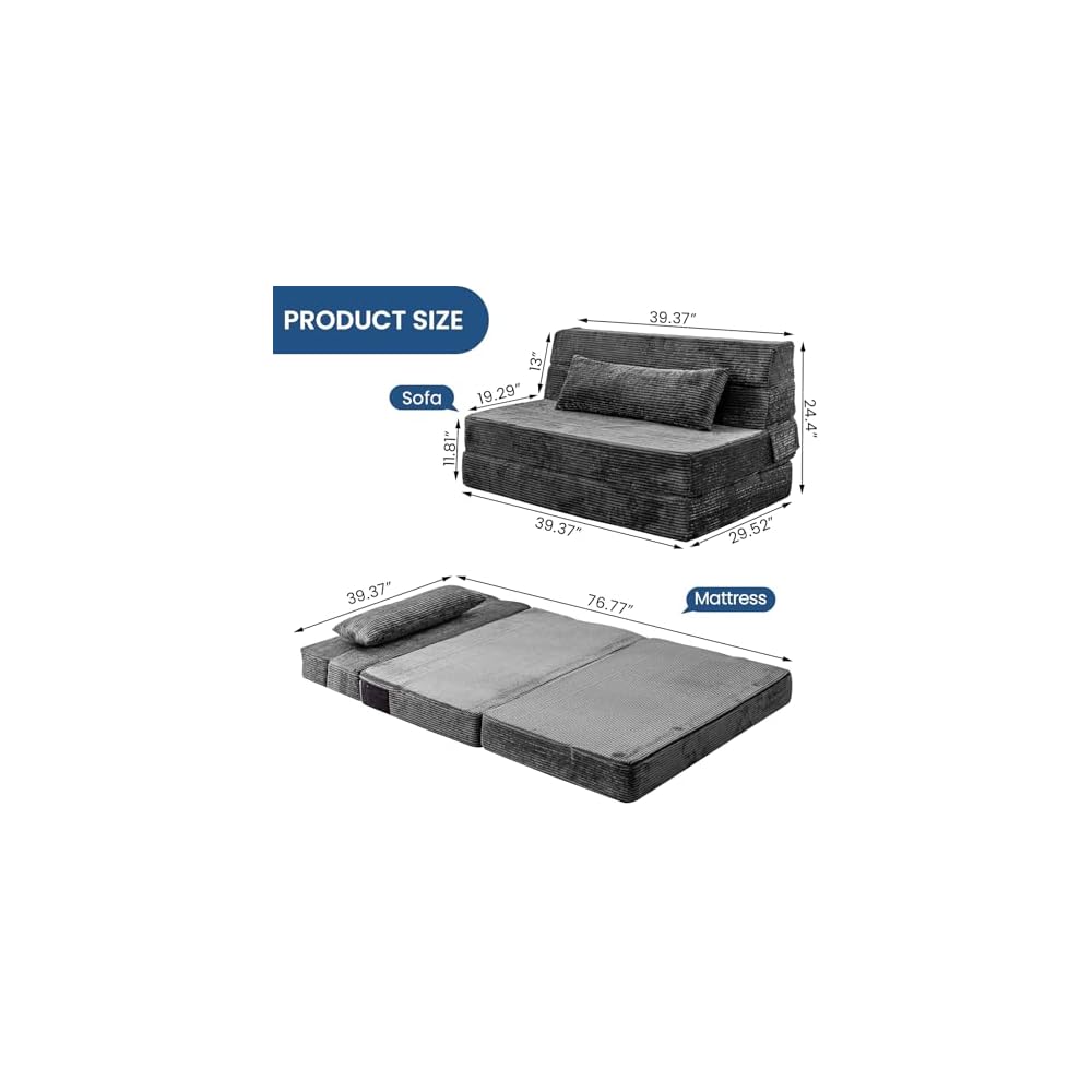 Cvortll Folding Sofa Bed, Convertible Sleeper Chair with Pillow, High Density Memory Foam Fold Out Couch, Foldable Mattress Futon Sofa for Living Room/Dorm/Guest Use/Apartment/Home Office