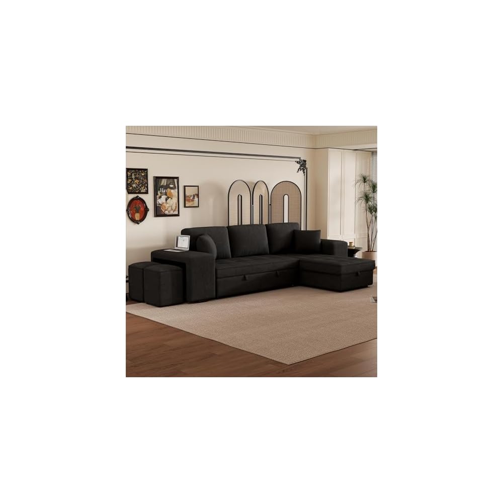 104.5 inch Reversible Sleeper Sectional Sofa with Pull Out Bed , Convertible L Shaped Sectional Couch with Storage Chaise and 2 Stools , Tufted Upholstered Pullout Sofa Bed for Living Room Apartment
