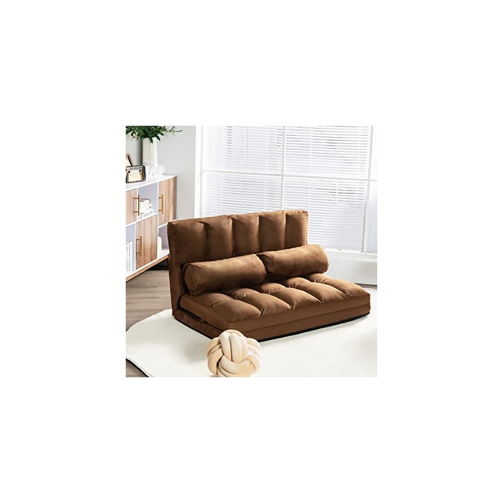 KOMFOTT Adjustable Floor Sofa Bed, Foldable Lazy Sofa Sleeper Bed with 6 Position Backrest & 2 Pillows, Convertible Futon Couch Bed with Suede Cloth Cover, Lounge Recliner for Living Room (Coffee)