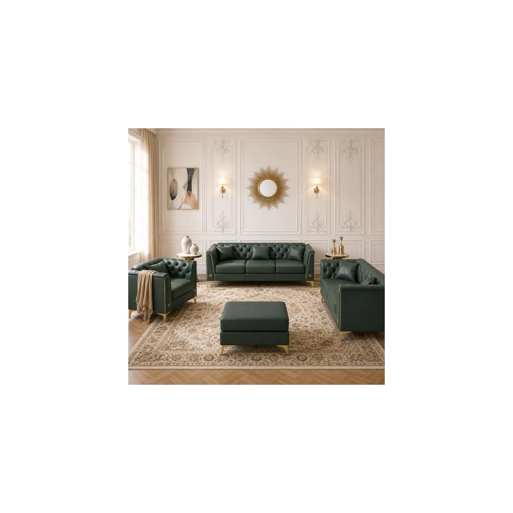 4-Piece Chesterfield Sectional Faux Leather Frame Sofa Set (Green)