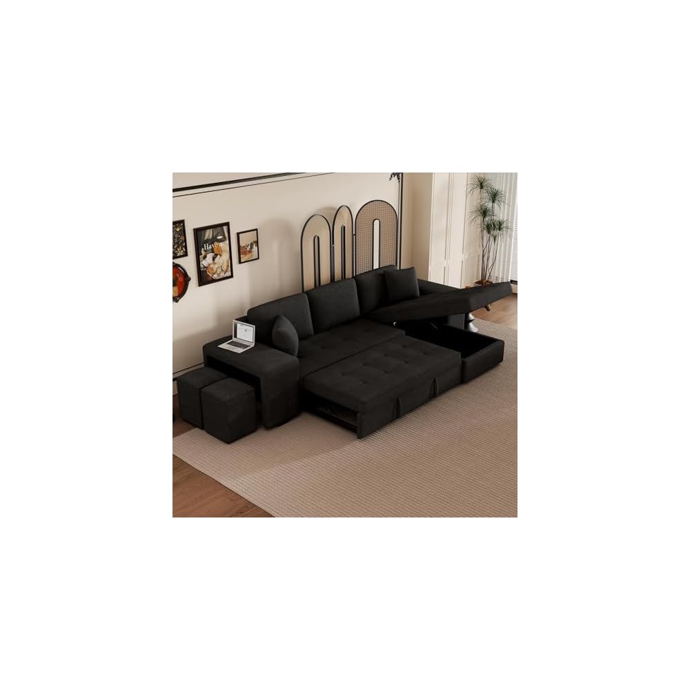 104.5 inch Reversible Sleeper Sectional Sofa with Pull Out Bed , Convertible L Shaped Sectional Couch with Storage Chaise and 2 Stools , Tufted Upholstered Pullout Sofa Bed for Living Room Apartment