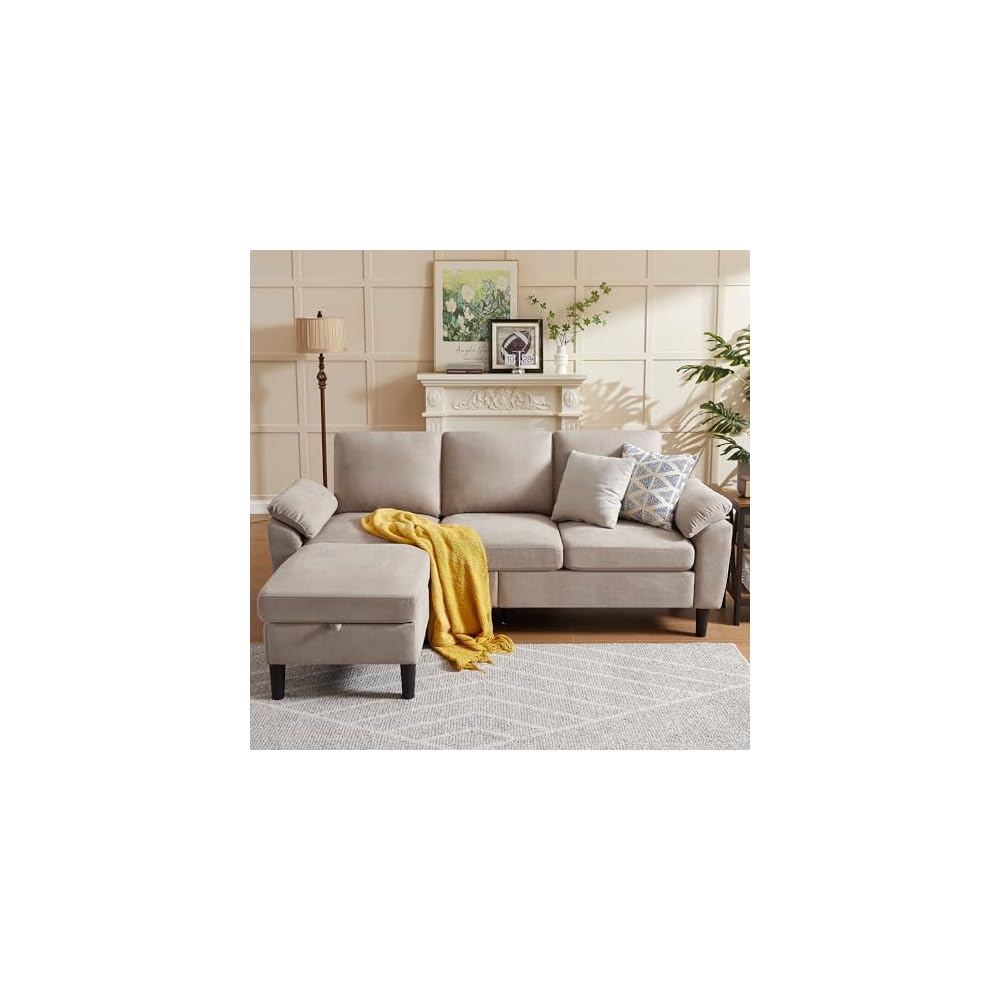80" Convertible Sectional Sofa, Small L Shaped 3 Seat Couch with Reversible Storage Chaise, Modern Polyester Fabric Sofa Couches for Living Room, Apartment and Small Space, Beige