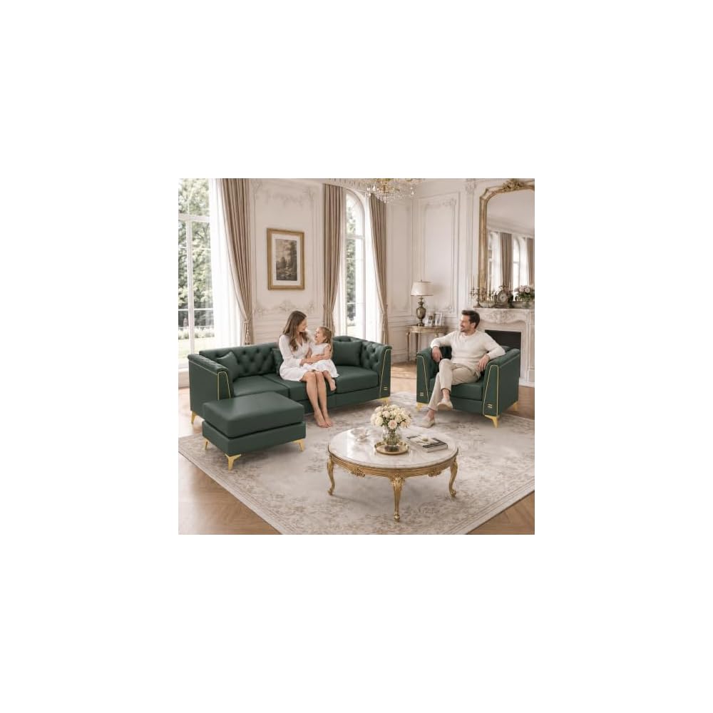 4-Piece Chesterfield Sectional Faux Leather Frame Sofa Set (Green)