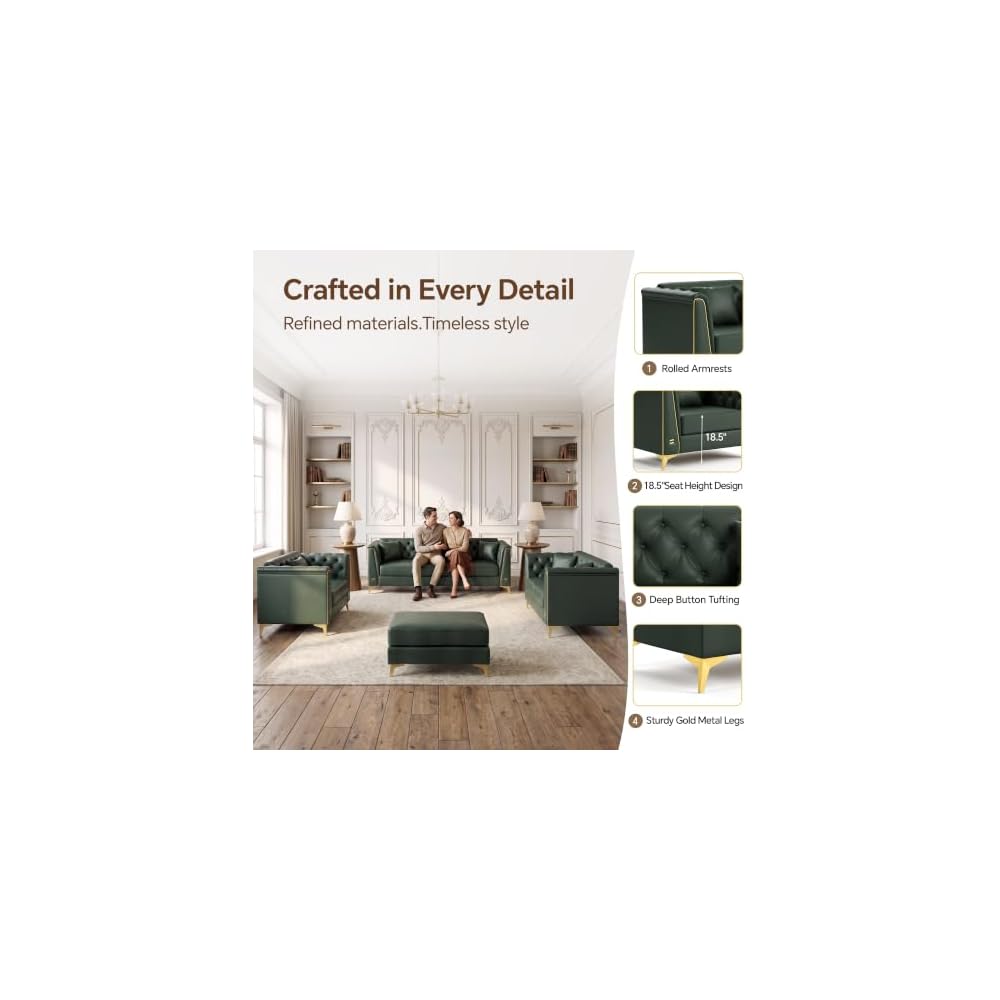 4-Piece Chesterfield Sectional Faux Leather Frame Sofa Set (Green)
