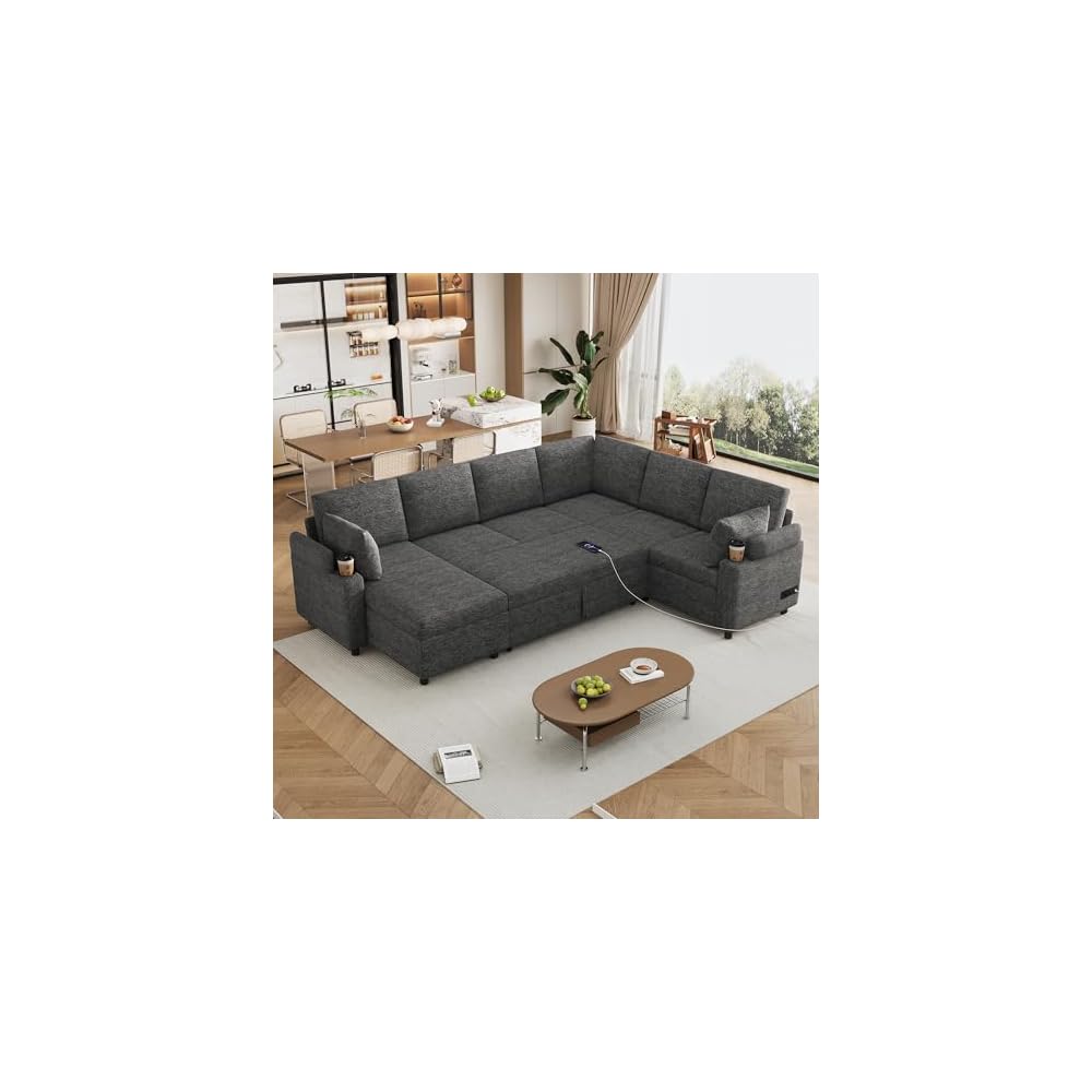 Flieks 109.9" Sectional Sofa Sleeper U-Shaped Sofa with Ample Storage Space, Two Cup Holders and Charging Ports for Living Room, Beige,Grey