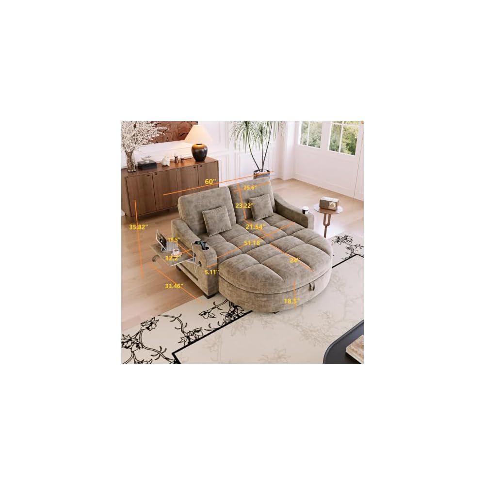 KEIKI 60" Convertible Sofa Bed, Chenille Loveseat with Storage Ottoman