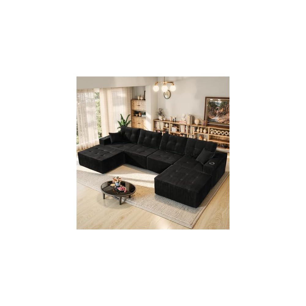 Luxanimarion 143" Modular Sectional Sofa for Living Room, Convertible U-Shape Couch with Ottoman, 6 Seater Modular Sectional Sofa,Black Corduroy