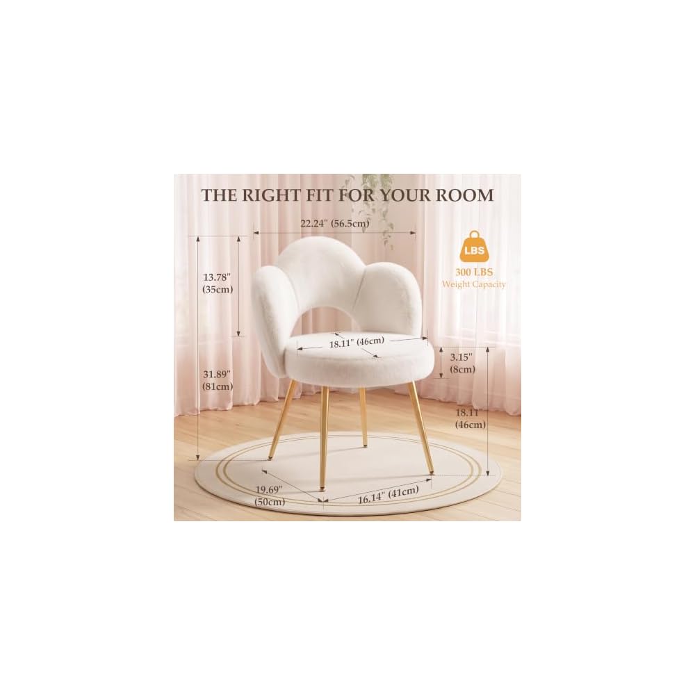Vanity Chair with Gold Legs, Fluffy Makeup Chair for Bedroom, White