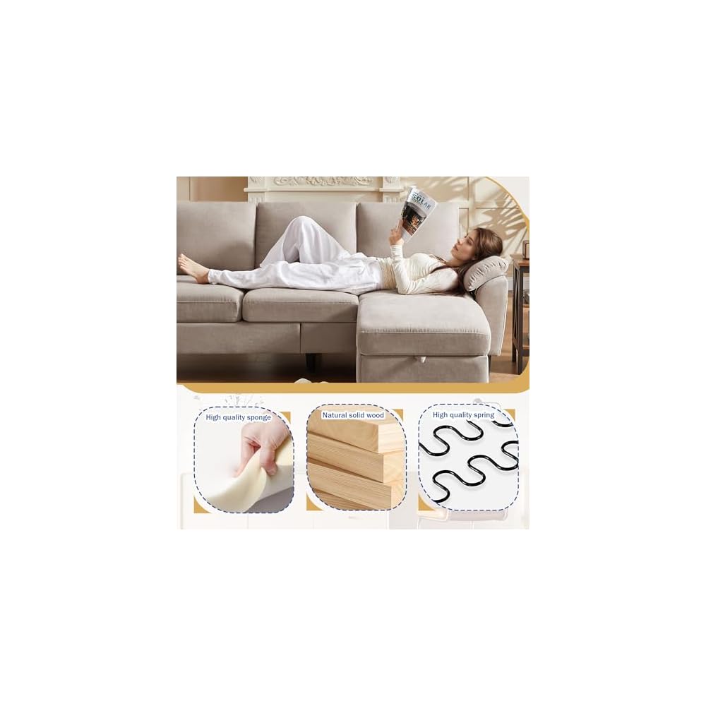 80" Convertible Sectional Sofa, Small L Shaped 3 Seat Couch with Reversible Storage Chaise, Modern Polyester Fabric Sofa Couches for Living Room, Apartment and Small Space, Beige