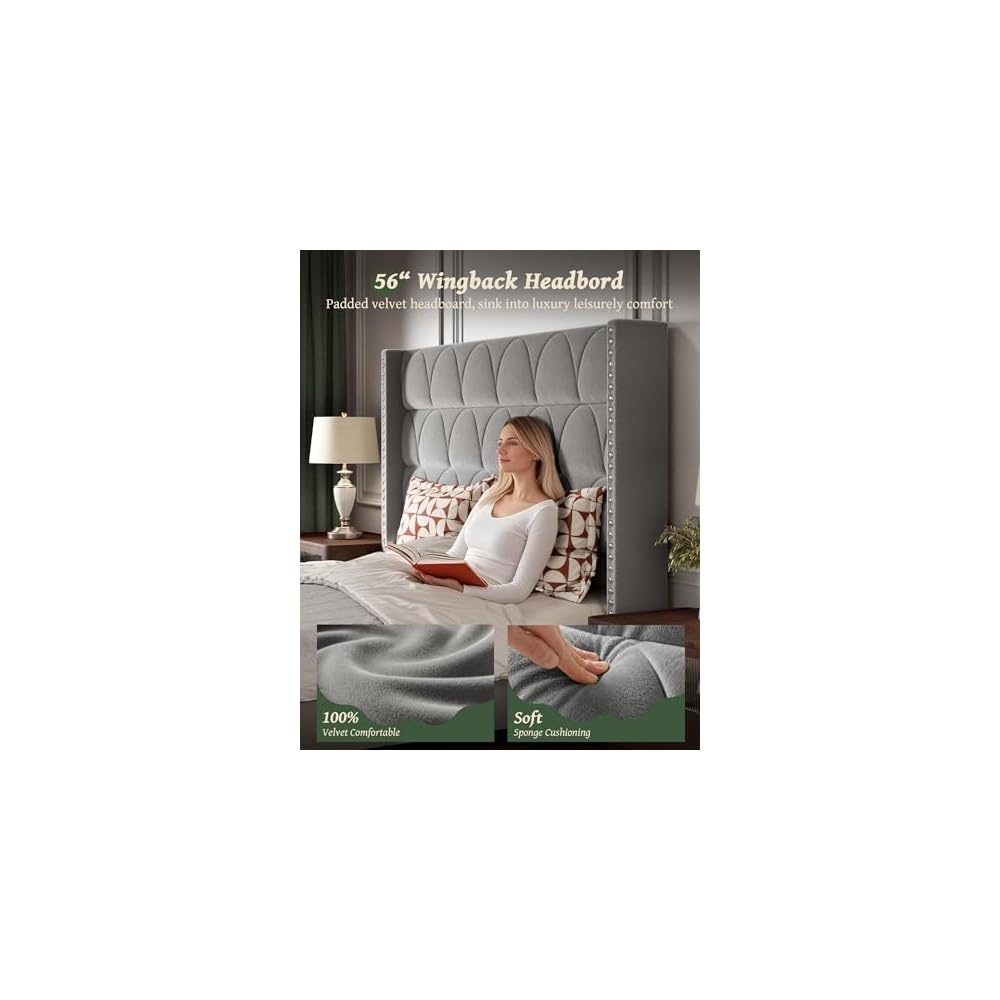 OHOHOLIVE King Size Bed Frame with 56" Headboard - Velvet Upholstered Wingback Platform Bed Frame, Noise Free, Sturdy Wooden Slat Support (Deep Gray, King)