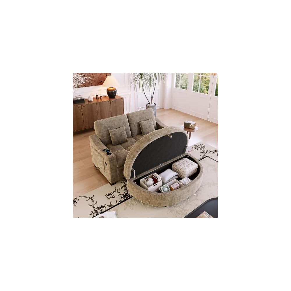 KEIKI 60" Convertible Sofa Bed, Chenille Loveseat with Storage Ottoman