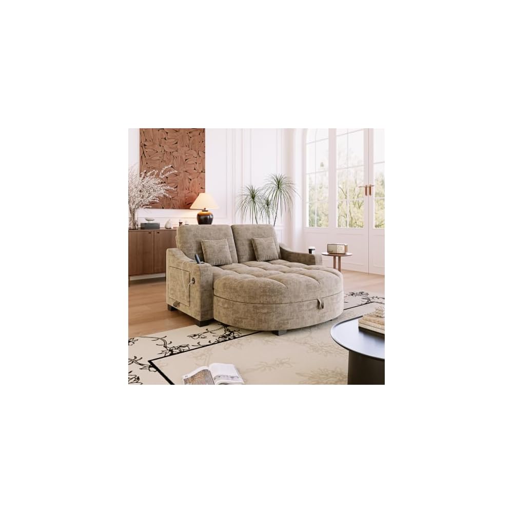 KEIKI 60" Convertible Sofa Bed, Chenille Loveseat with Storage Ottoman