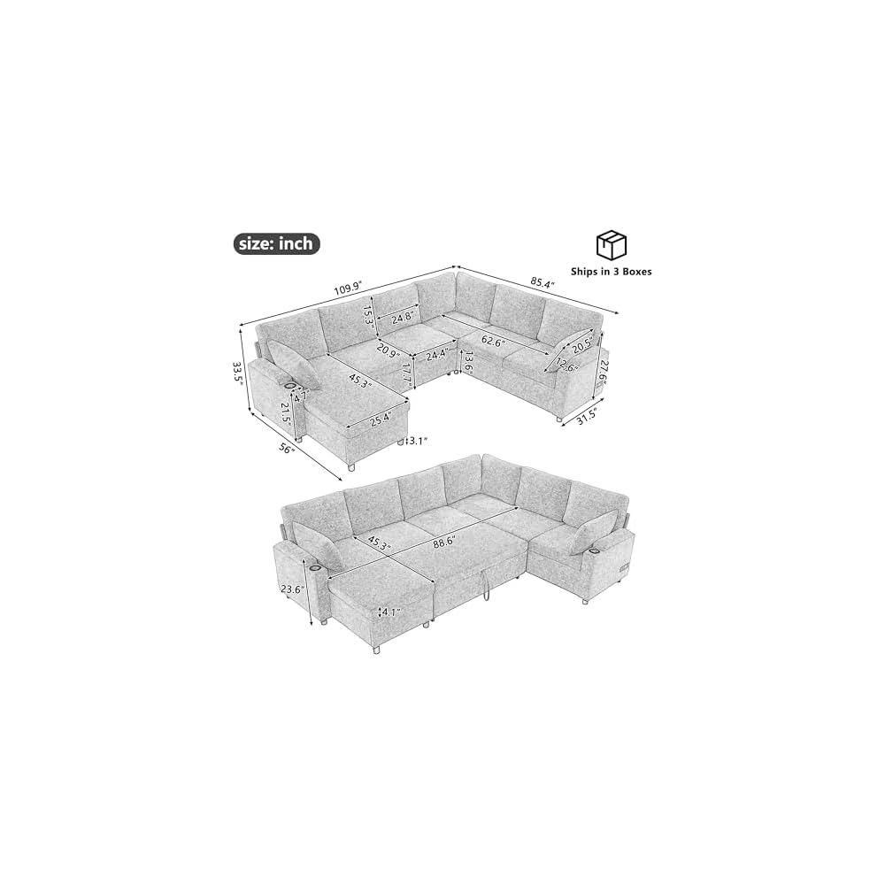 Flieks 109.9" Sectional Sofa Sleeper U-Shaped Sofa with Ample Storage Space, Two Cup Holders and Charging Ports for Living Room, Beige,Grey