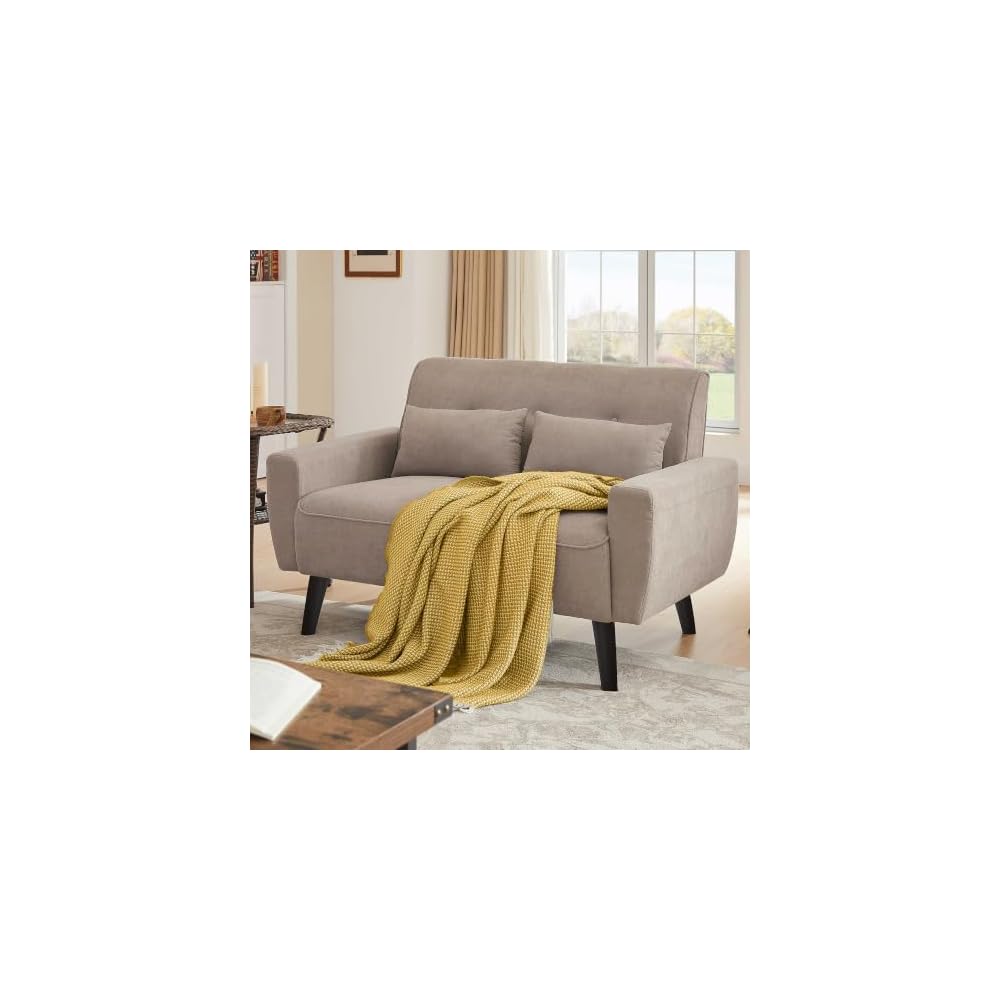 Small Loveseat Sofa, 48" Mid Century Love Seat Couch, Modern 2 Seat Tufted Couches with Throw Pillows for Living Room, Apartment, Bedroom, Beige